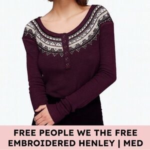 Free People We The Free Waffle Knit Thermal Henley Embroidered Burgundy Medium